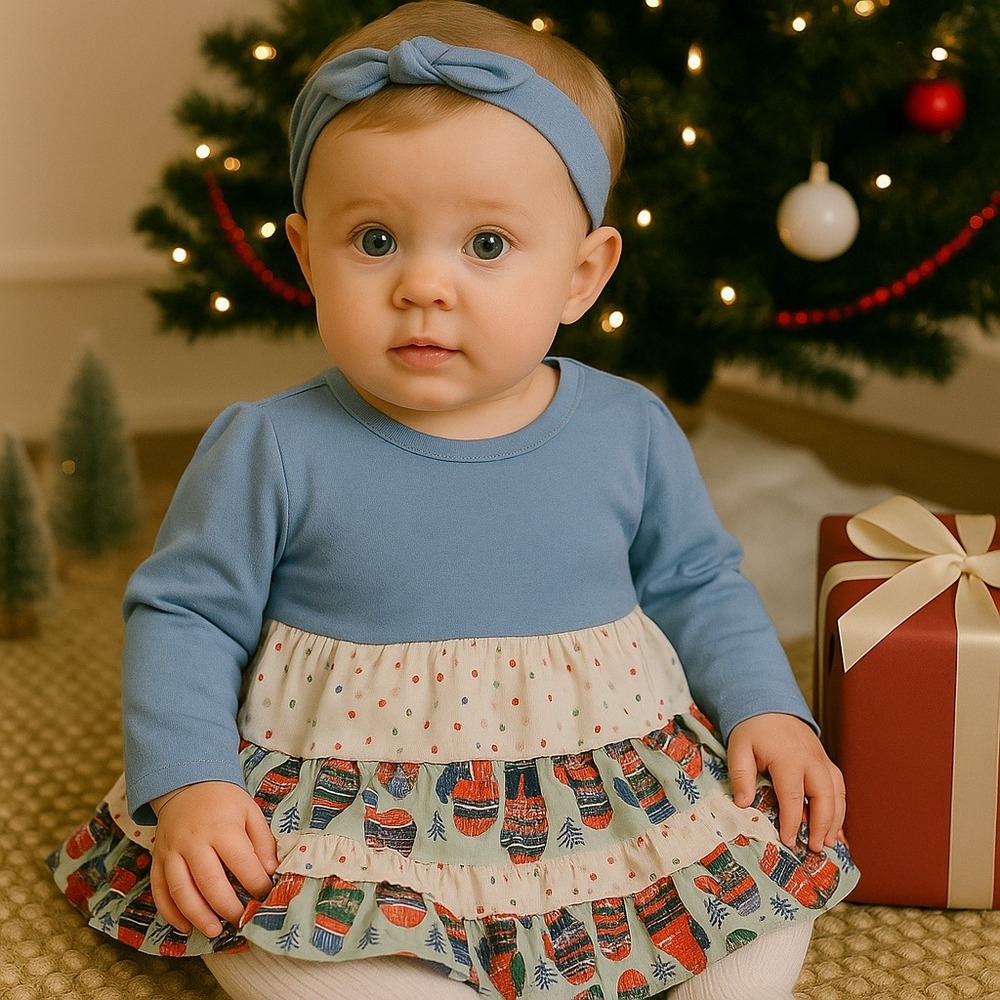 Ricrac & Ruffles Baby Girls Long‎ Sleeve Christmas Winter Tiered Dress 3-6M
